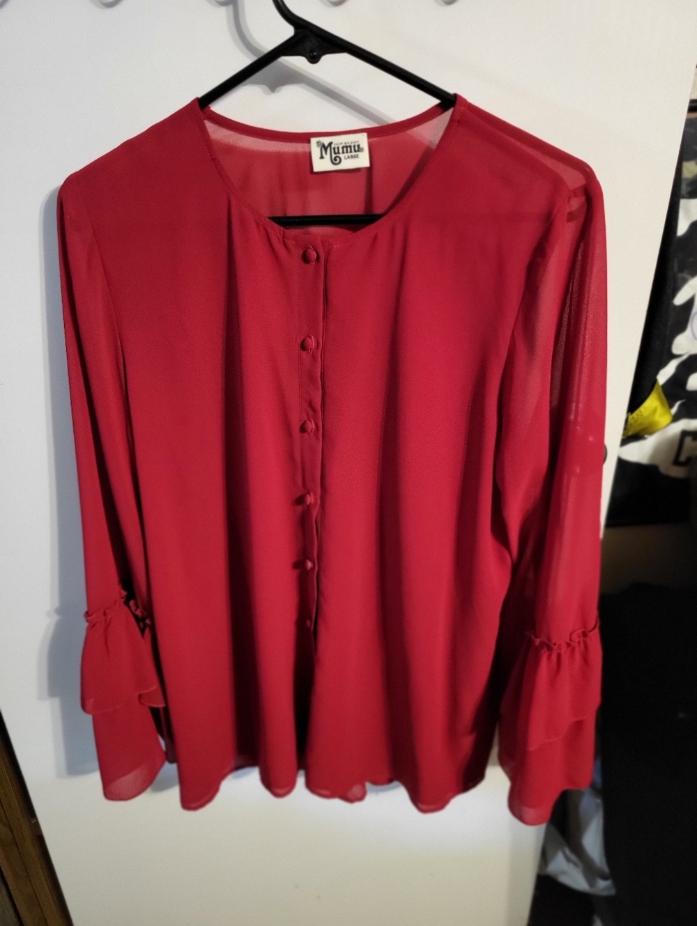SHOW ME YOUR MUMU RED BUTTON DOWN BELL RUFFLE SLEEVE BLOUSE SZ XL